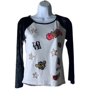 Place T-Shirt Womens Size XL 14 Bee Stars Heart Wings Patch Raglan Velvet Sleeve